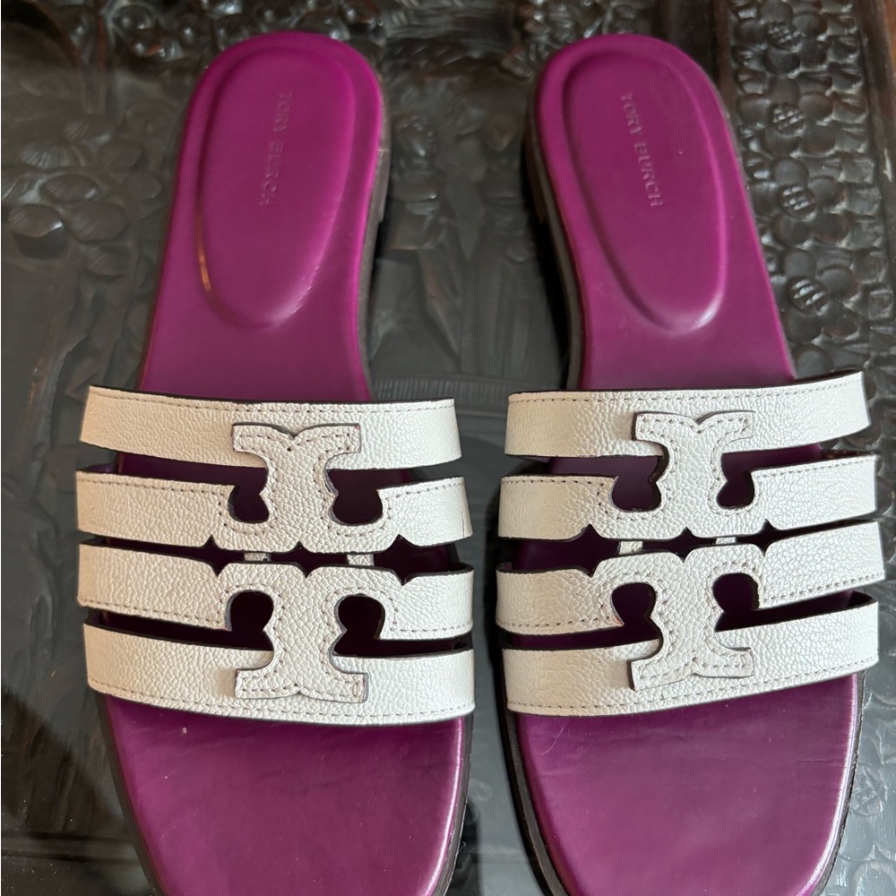 Tory Burch White Leather Triple-Strap Slides with Purple Footbed